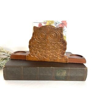 Mid Century Modern Carved Wood Owl Napkin & Salt Pepper Holder Kitchy